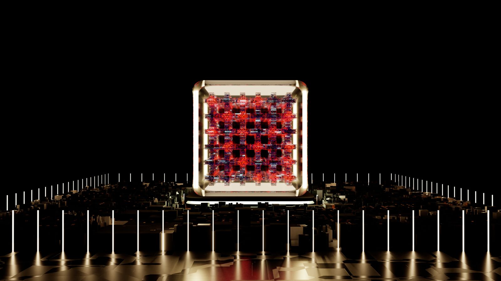 Abstract representation of a futuristic digital processor with glowing elements.