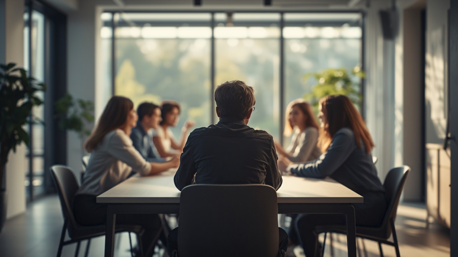 Team meeting in a bright office, seen from behind one participant