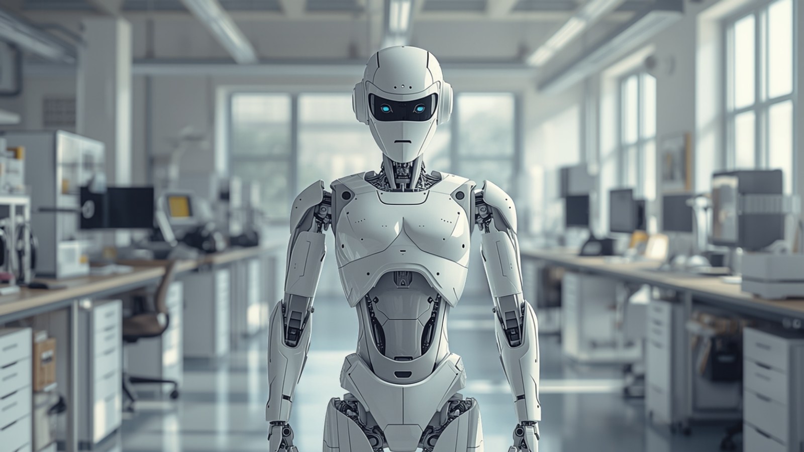 Unbranded white humanoid robot standing in a bright research lab