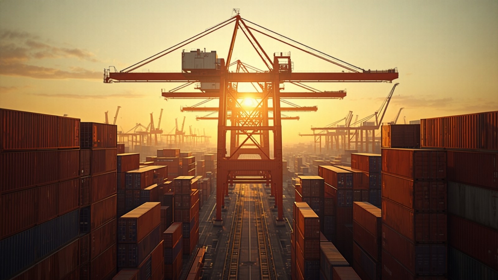 Gantry crane between container stacks at golden hour