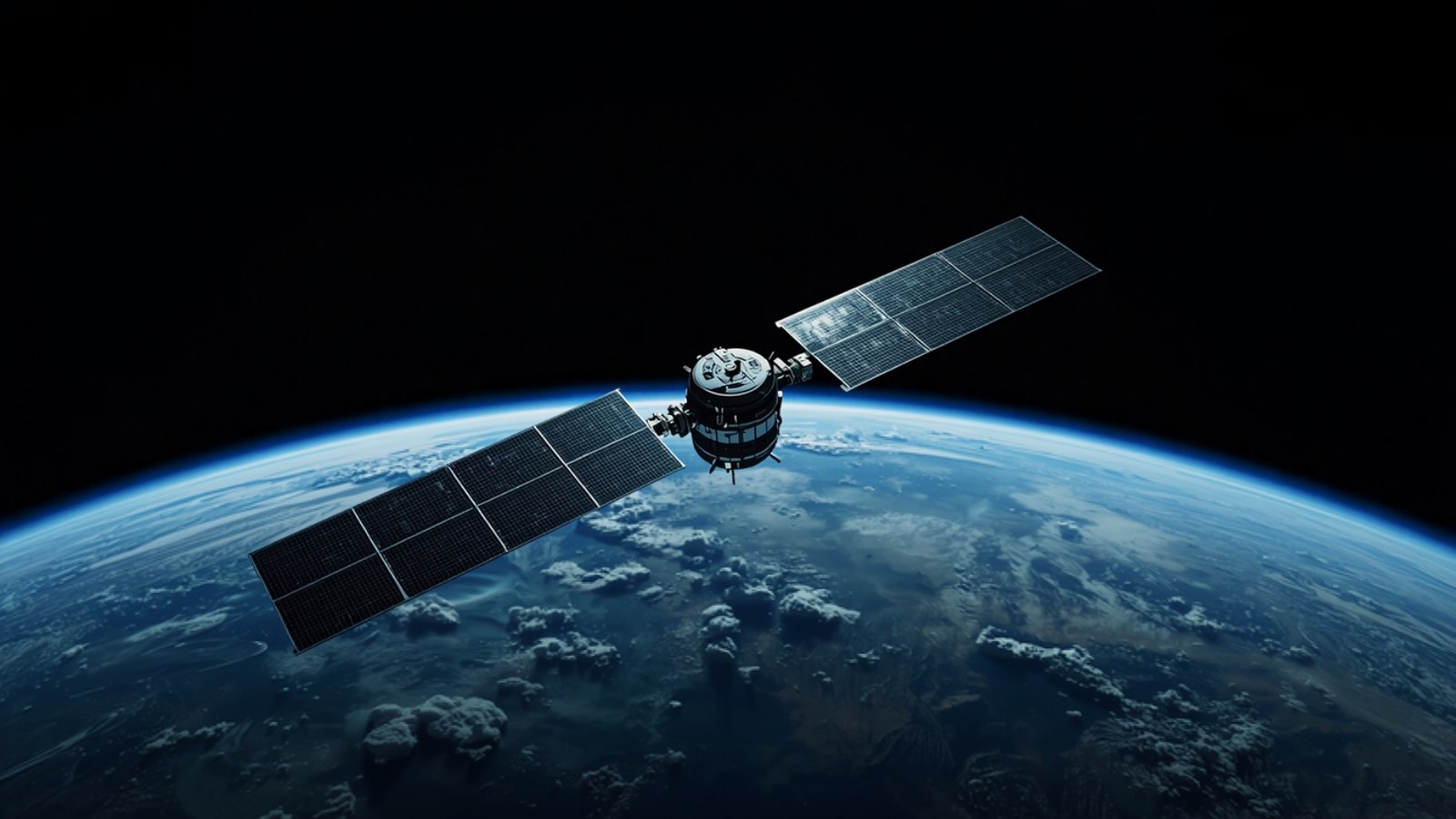 Satellite above Earth's curved horizon against black space