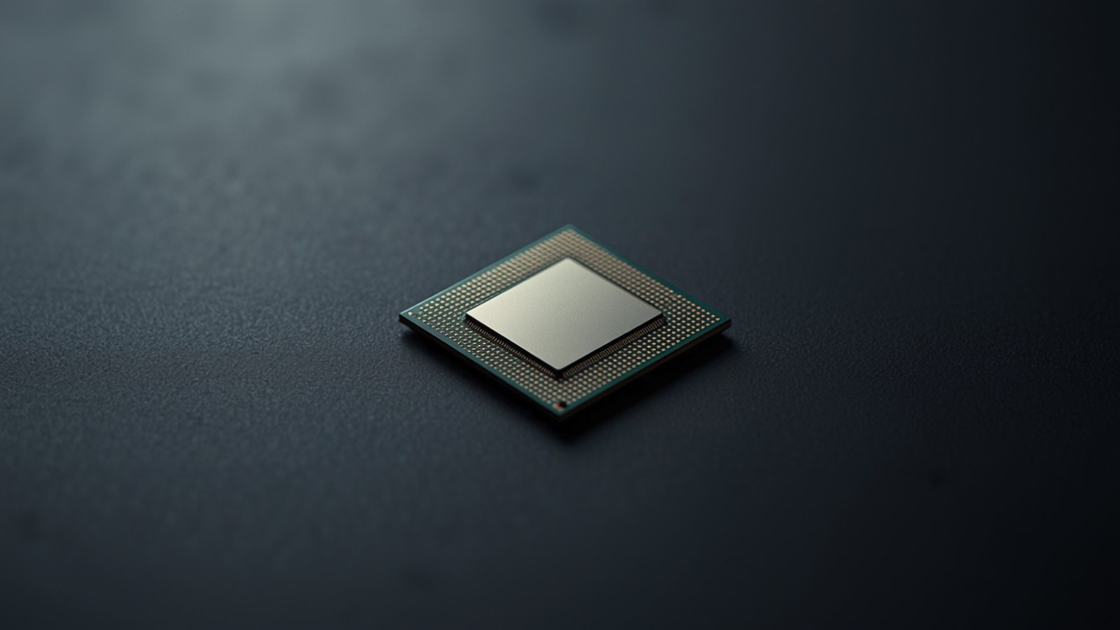 Unmarked processor package with a metal heat spreader and gold contact pads on a dark surface