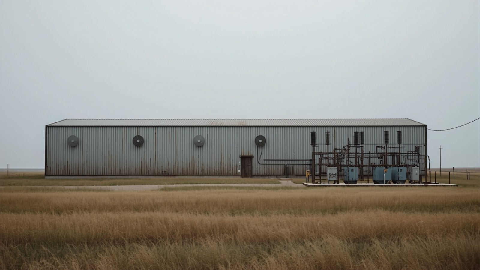 Long metal mining hall with exhaust fans on open grassland