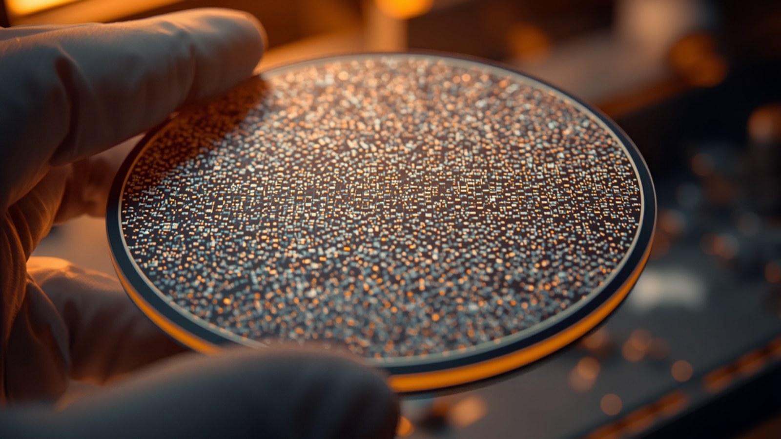 Gloved hand holding a silicon wafer in warm cleanroom light