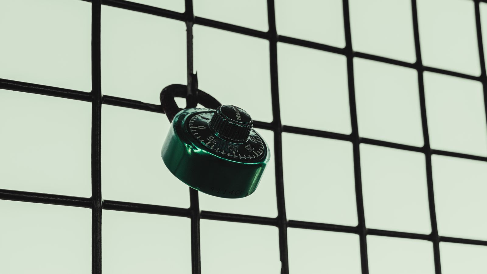 A green combination lock is attached to a wire fence grid, symbolizing security.