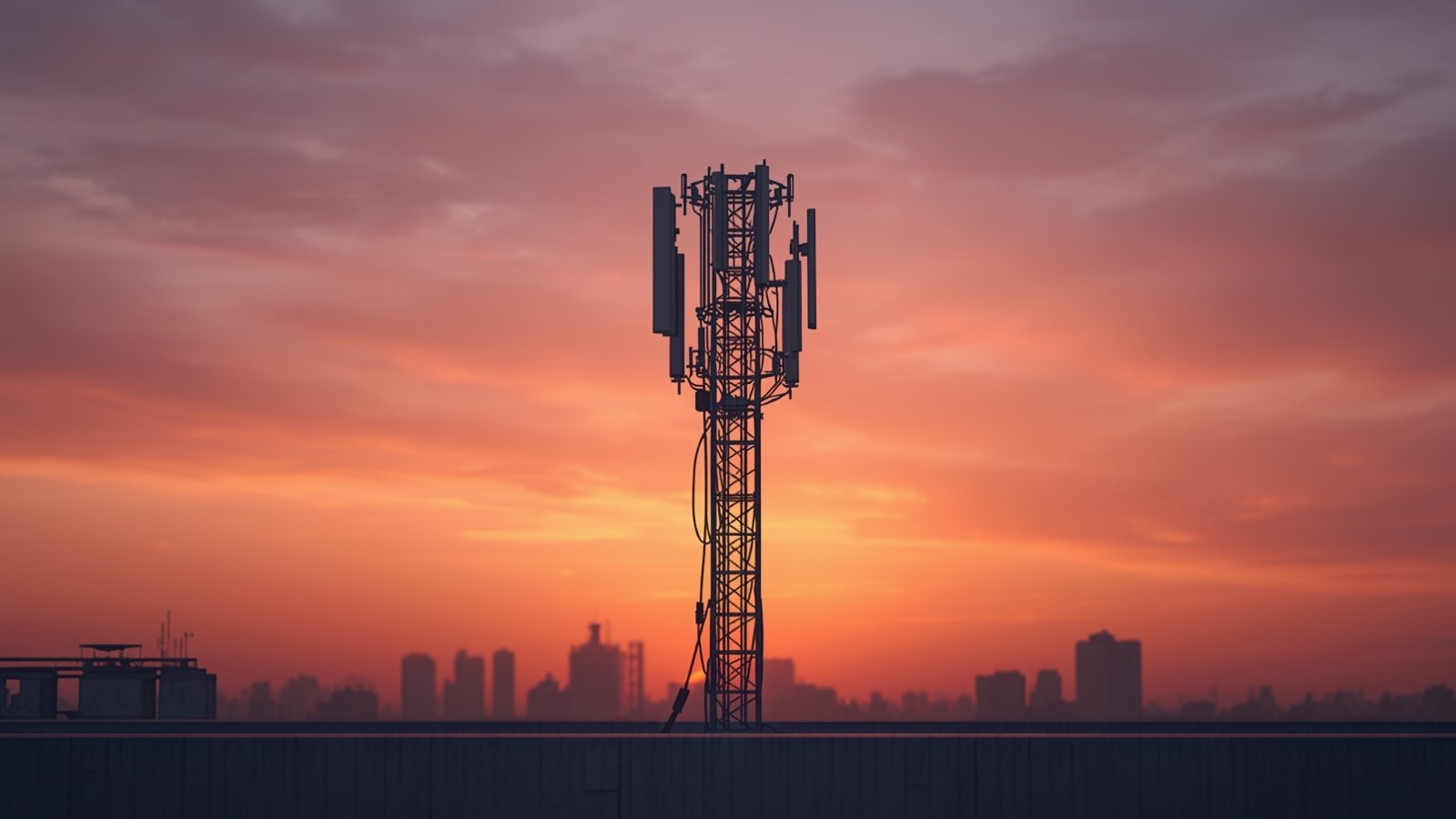 Rooftop telecom mast against a red evening sky