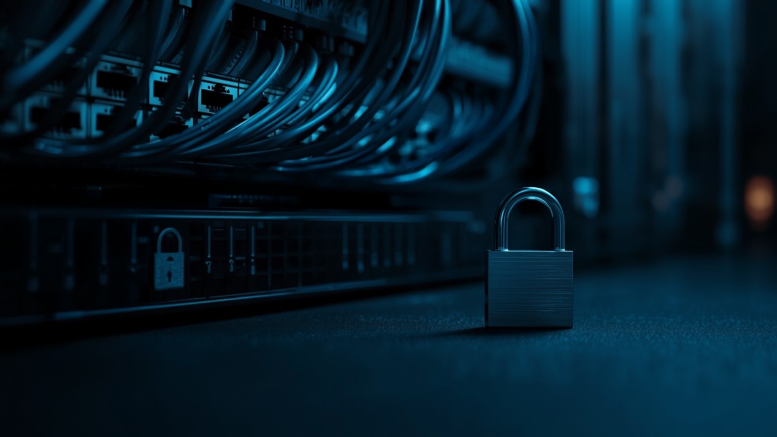 Padlock on the floor of a server room beside cabled switches