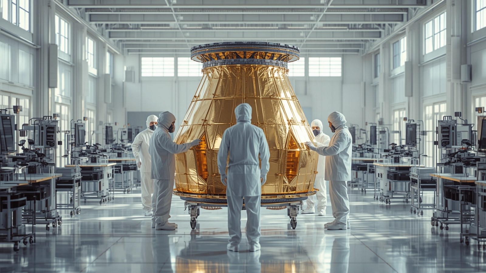 Team in cleanroom suits assembling a large gold-insulated spacecraft