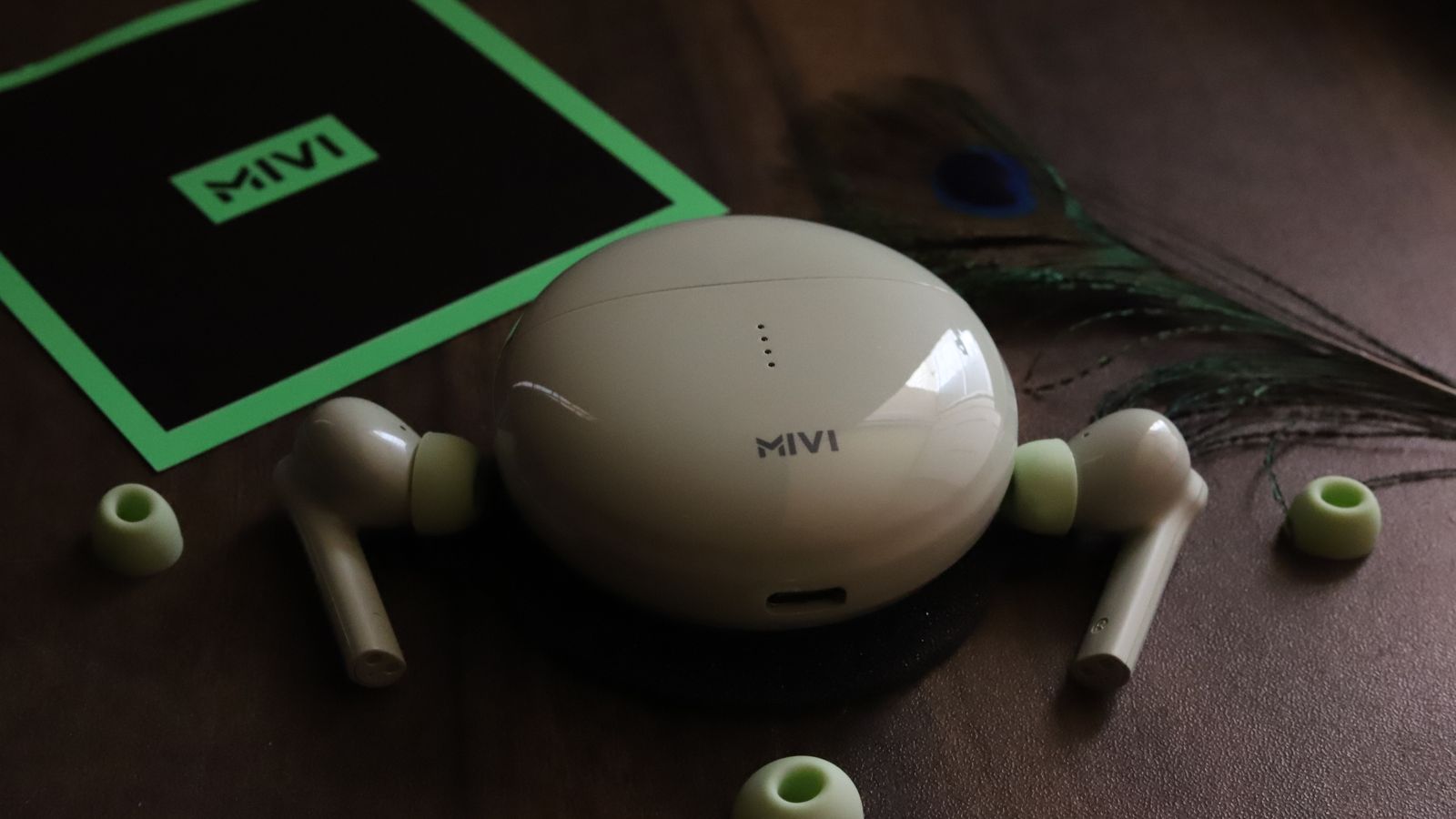 Wireless earphones with a sleek charging case placed on a wooden table alongside ear tips and a feather.