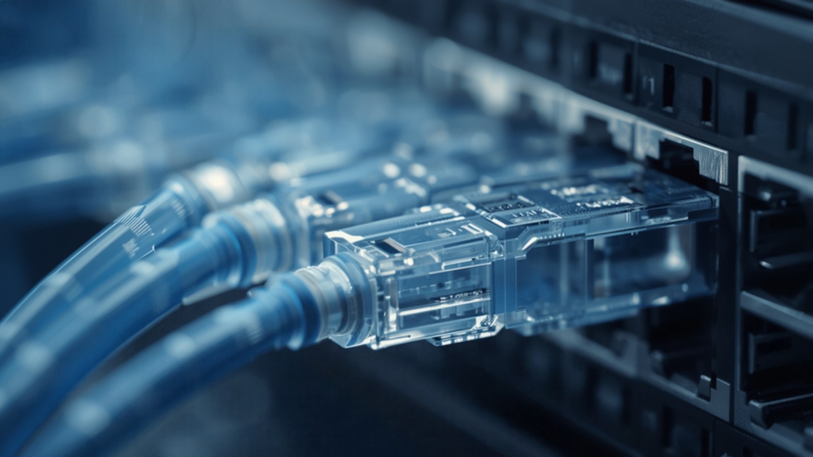Transceiver and optical cables plugged into a network switch
