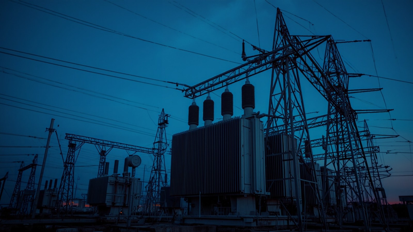 Transformers and transmission towers silhouetted at twilight