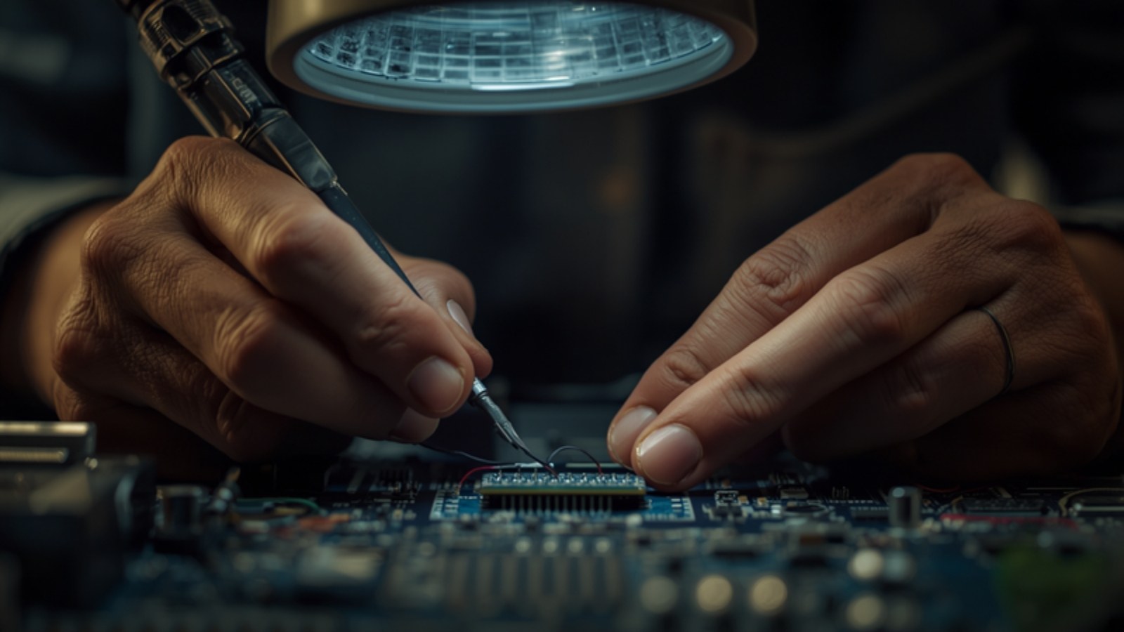 Engineer soldering a component under a lit magnifier