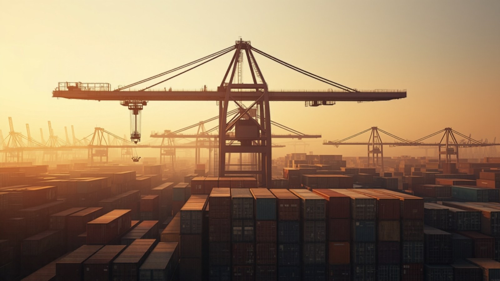 Container port crane at sunrise above stacked containers