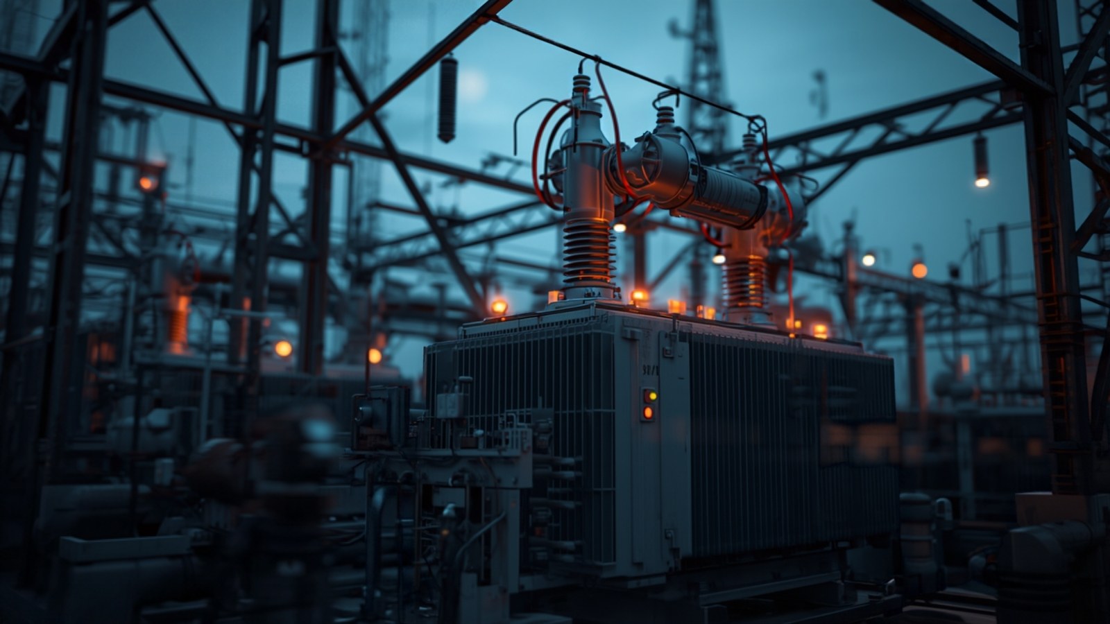 Power transformer with warm indicator lights inside a substation at dusk