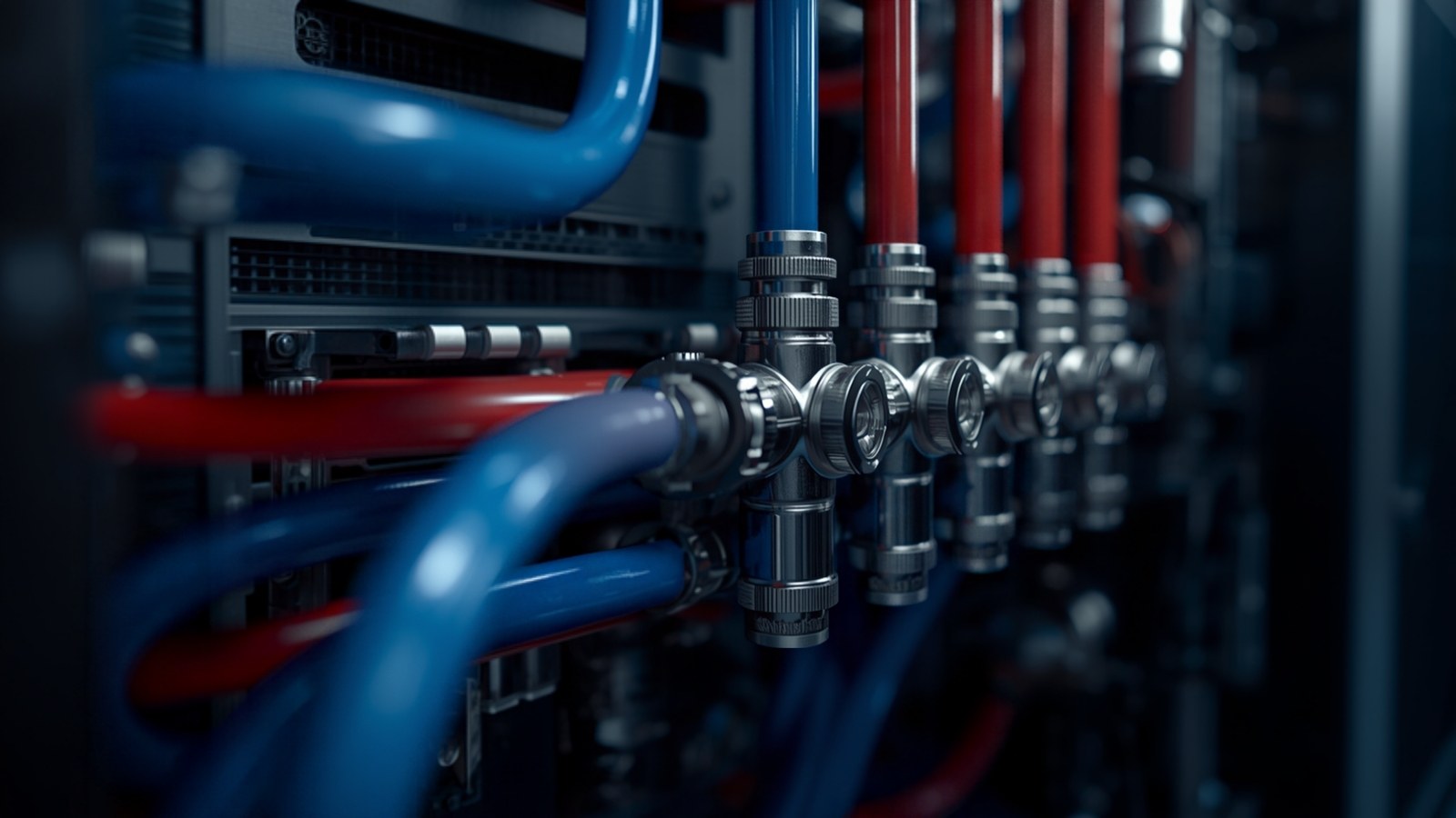 Coolant manifold with red and blue lines inside a server rack