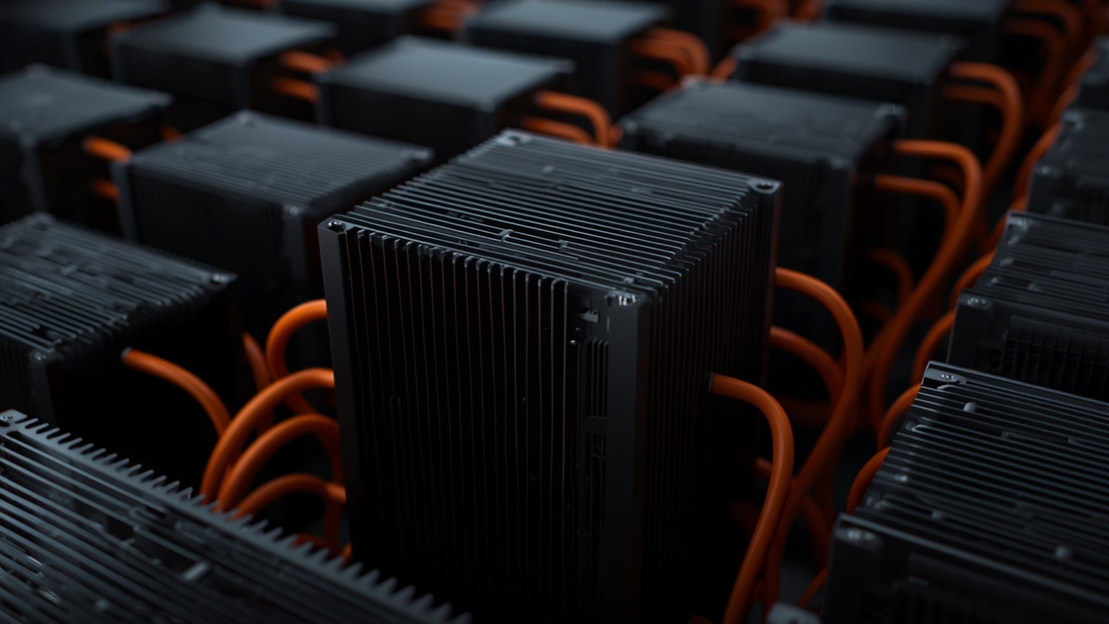 Close view of a mining unit heatsink amid orange power cabling