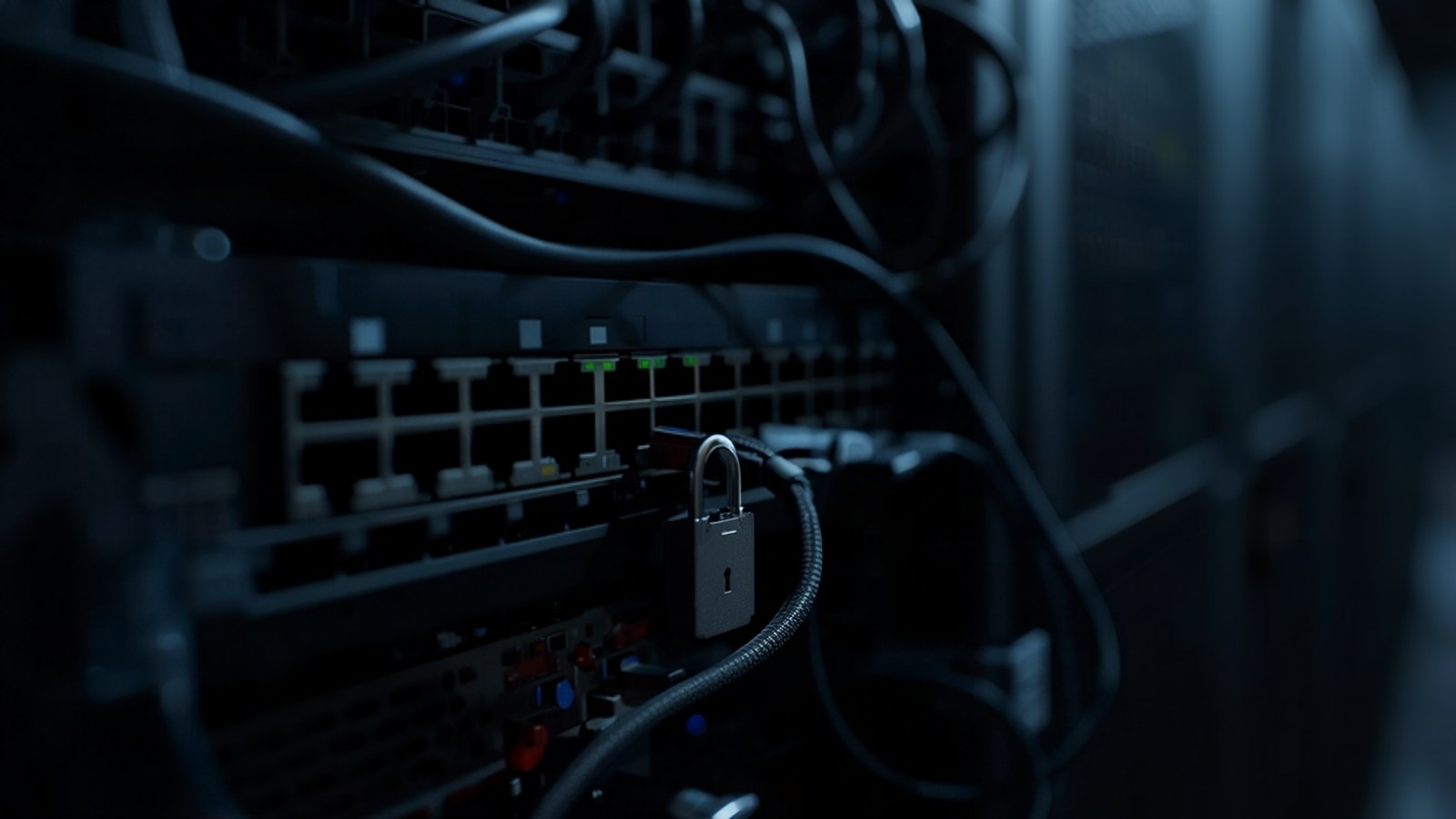Small padlock on a network cable at a patch panel